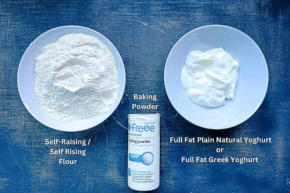 self raising flour and natural yoghurt in bowls and tub or baking powder