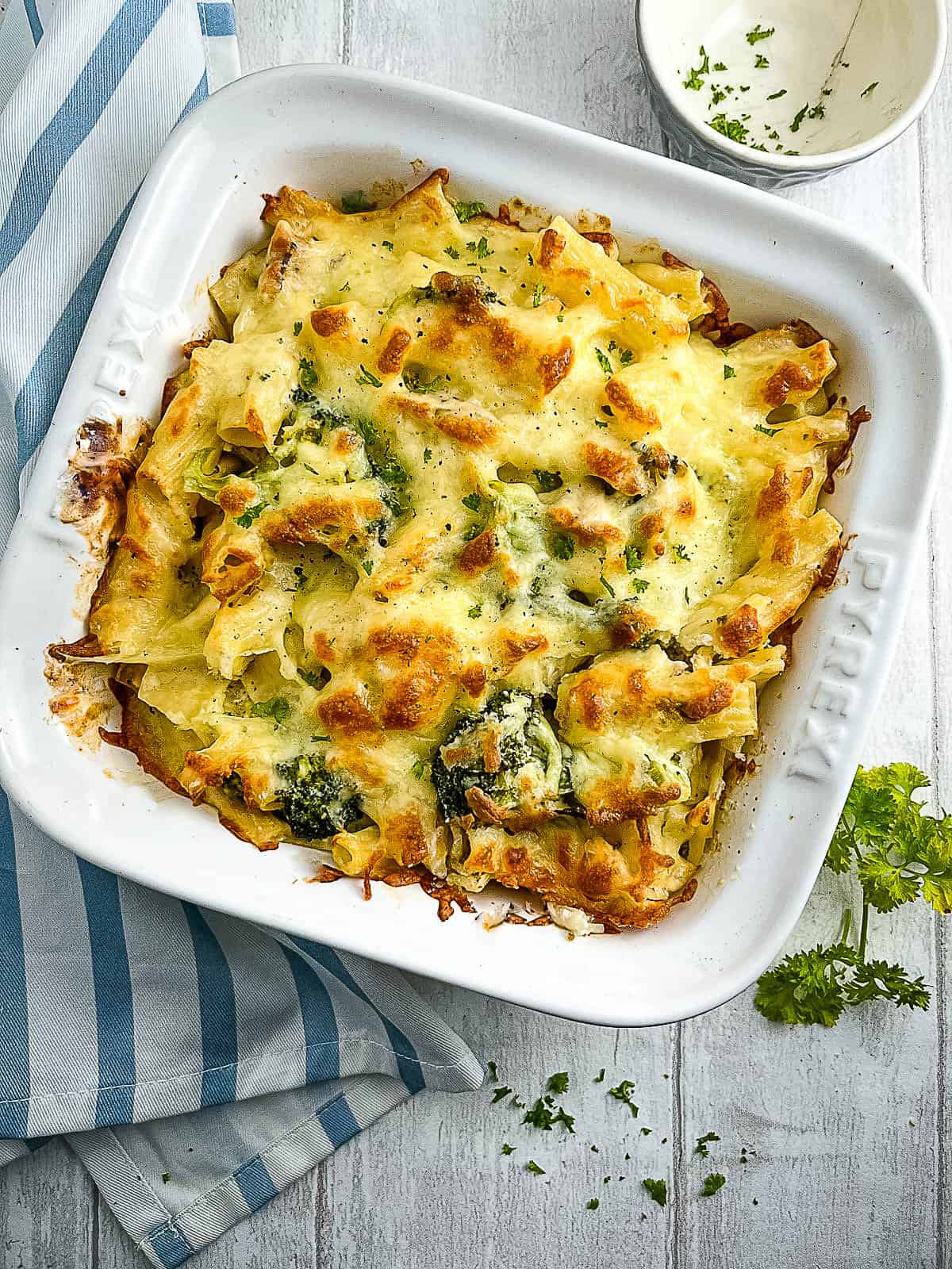 chicken pasta bake with broccoli baked in the oven