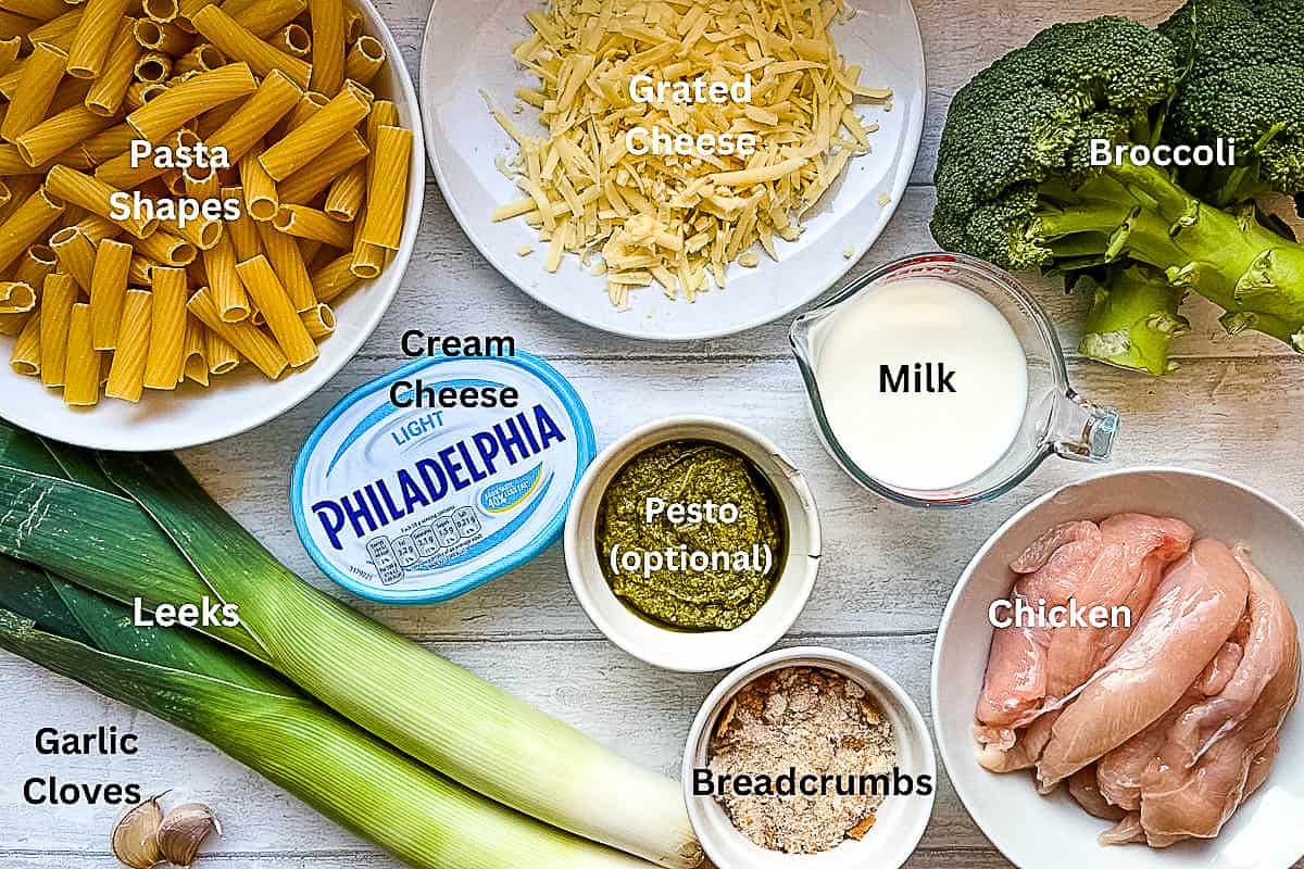 ingredients for how to make chicken and broccoli pasta bake