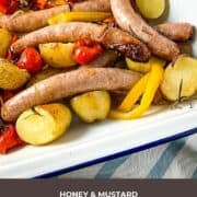 pinterest image for Sticky sausage tray bake shown cooked in tray