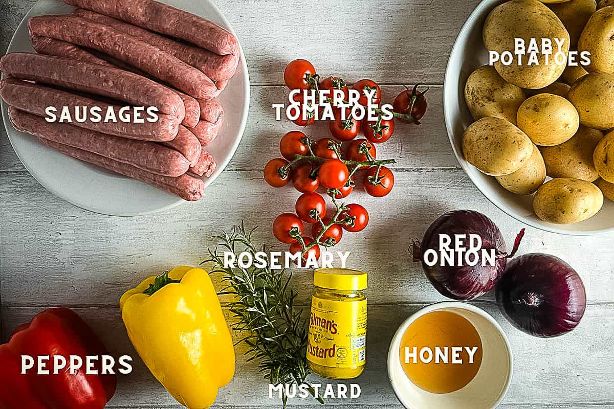 ingredients for sticky sausage tray bake laid out and labelled