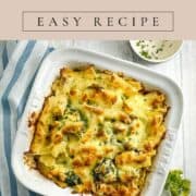 pinterest image showing finished dish for creamy chicken pasta bake