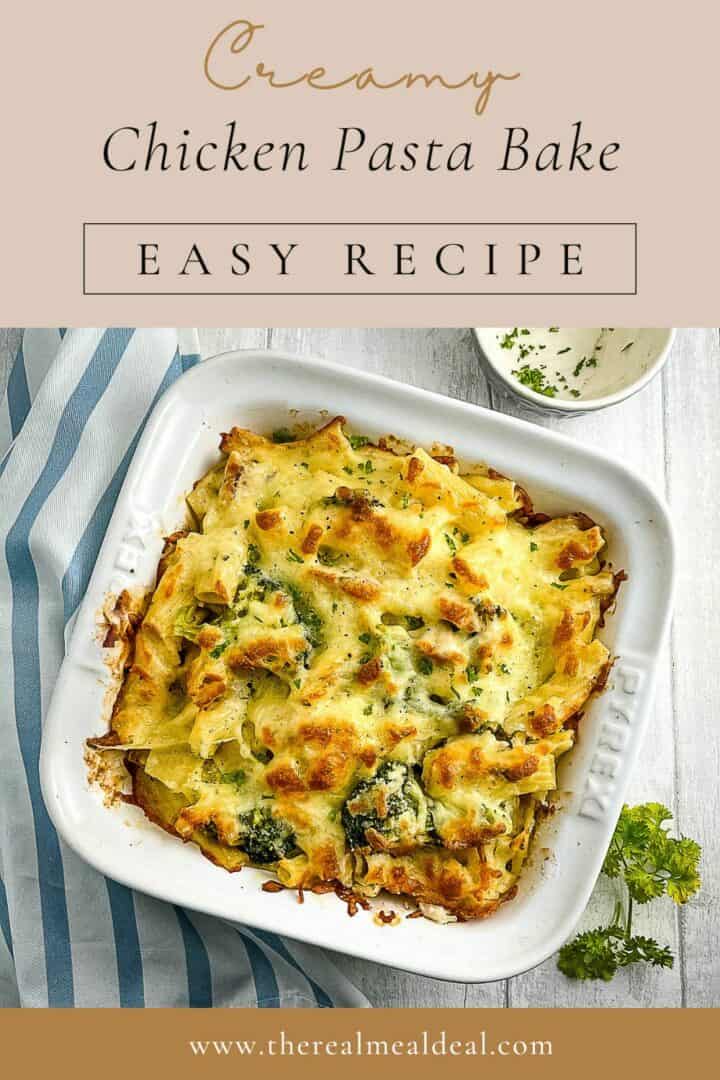 pinterest image showing finished dish for creamy chicken pasta bake
