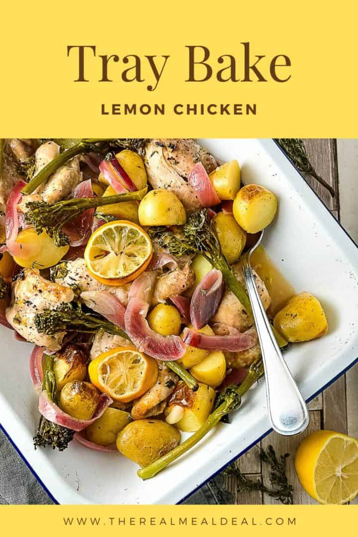 pinterest image for lemon chicken tray bake showing finished dish in tray ready to serve