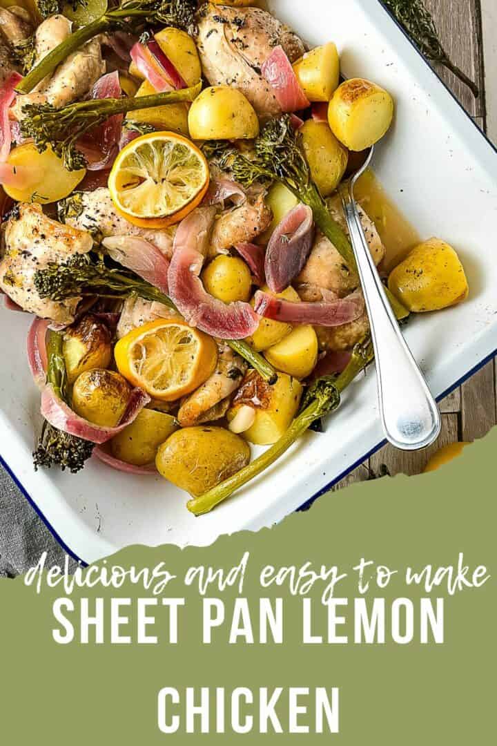 pinterest image for sheet pan lemon chicken ready to serve