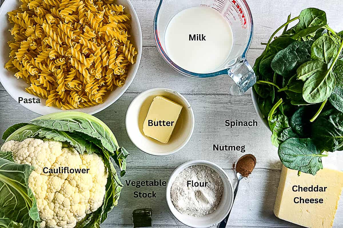 labelled ingredients for cauliflower pasta bake