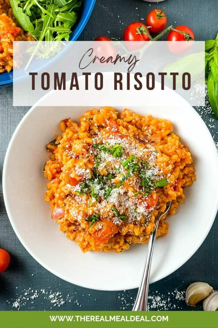 pinterest image for tomato risotto showing finished dish topped with parmesan and fresh basil leaves.