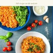 pinterest image for tomato risotto with mascarpone showing finished dish