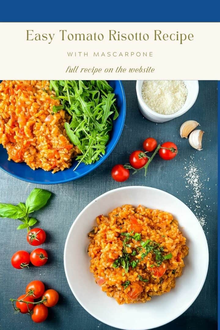 pinterest image for tomato risotto with mascarpone showing finished dish