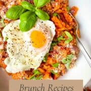 pinterest image for tomato risotto topped with a poached egg