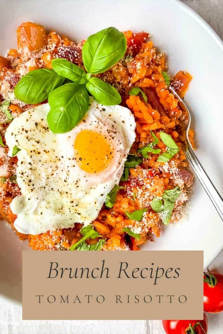 pinterest image for tomato risotto topped with a poached egg