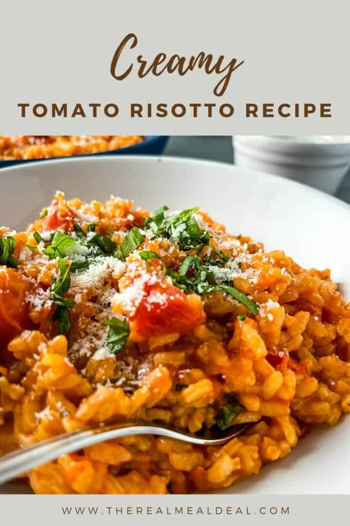 pinterest image for tomato risotto showing finished dish topped with parmesan cheese