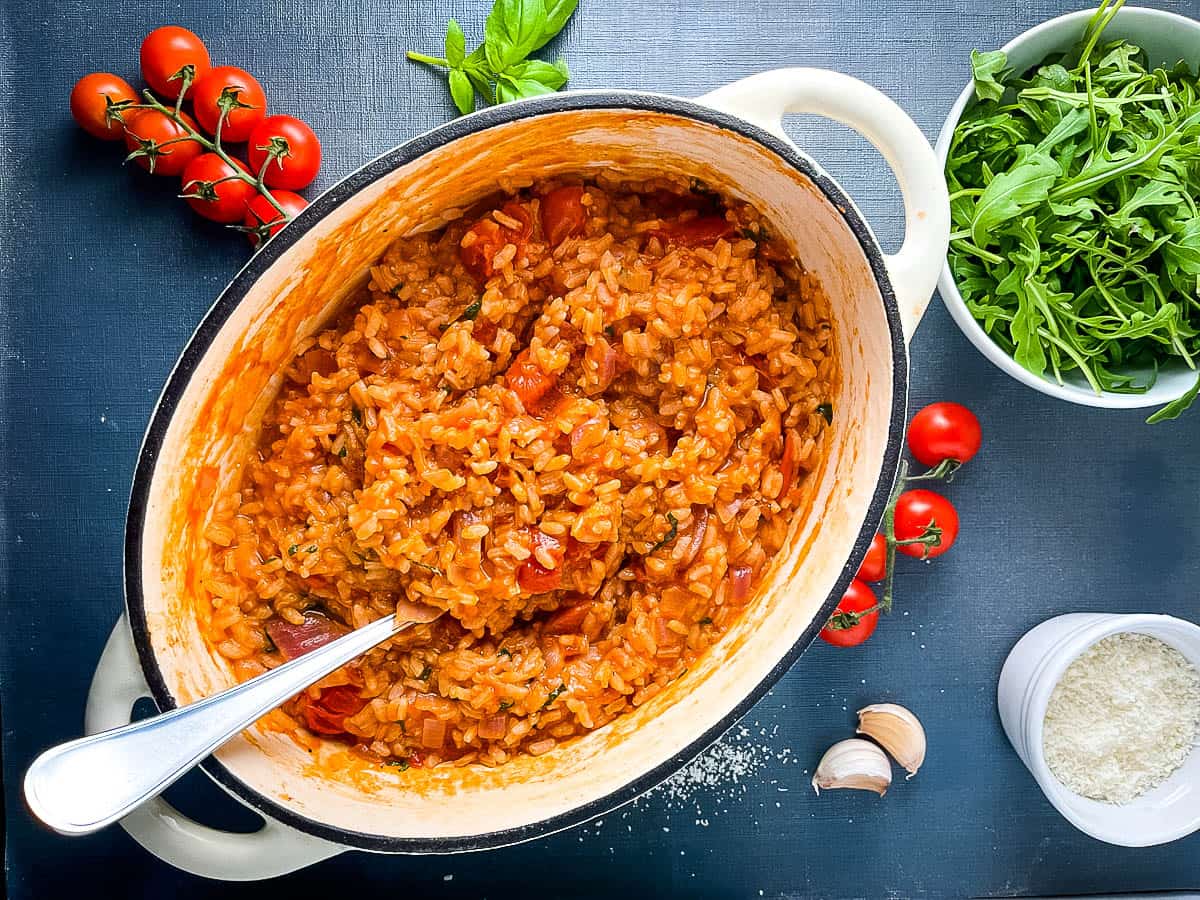 tomato and mascarpone risotto in dish ready to serve