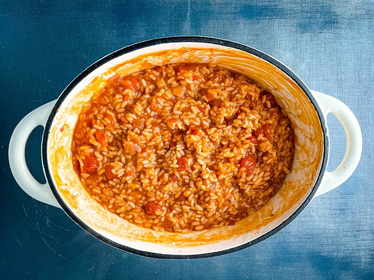 tomato risotto in pan after simmering