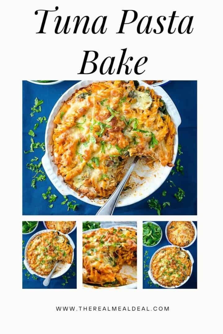 pinterest image with 4 pictures of tuna pasta bake