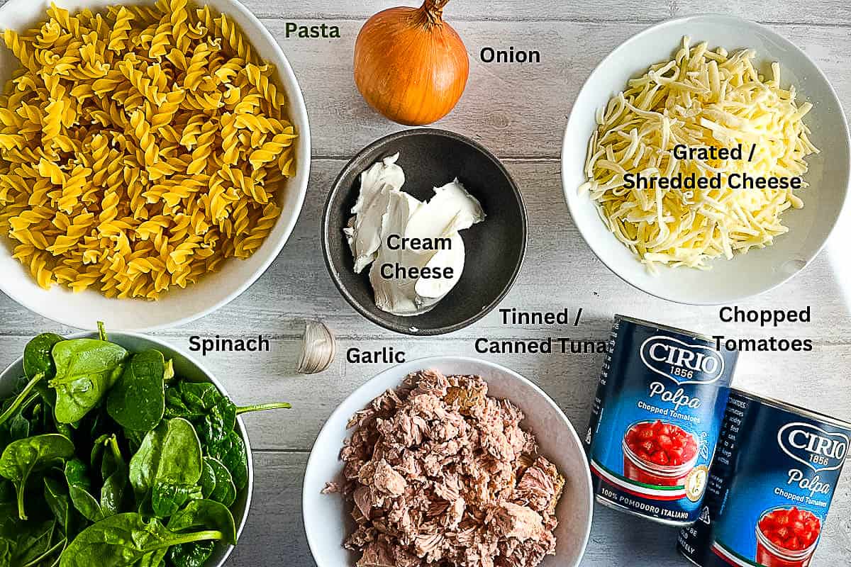 ingredients for creamy tomato tuna pasta bake