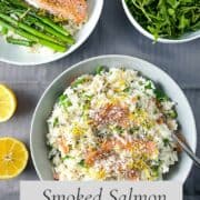 pinterest image for smoked salmon and pea risotto with finished dish