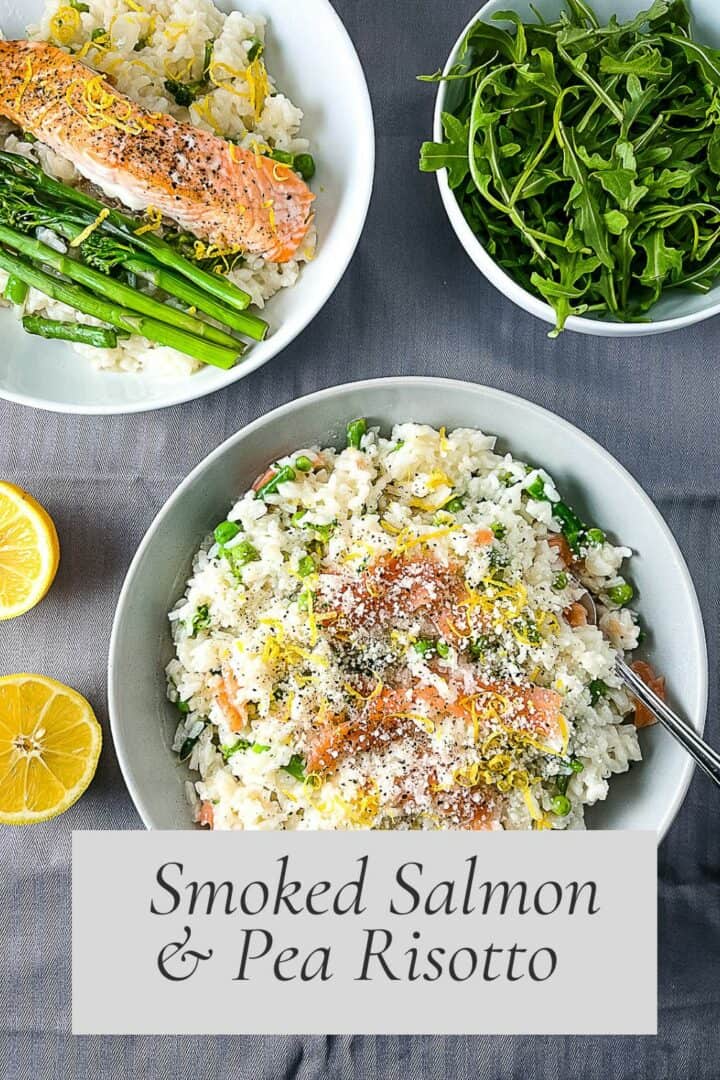 pinterest image for smoked salmon and pea risotto with finished dish