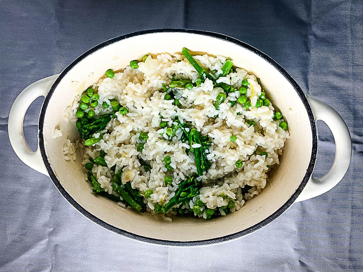 peas asparagus and tenderstem broccoli stirred into risotto rice