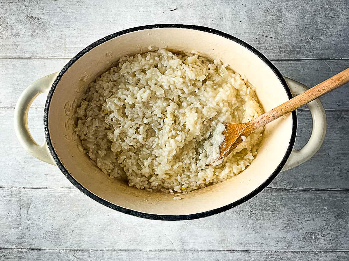 cooked risotto rice in pan