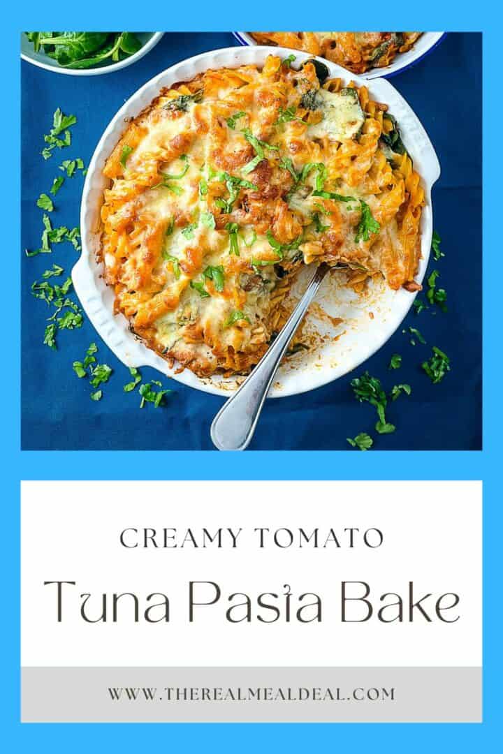 pinterest image creamy tomato tuna pasta bake finished dish