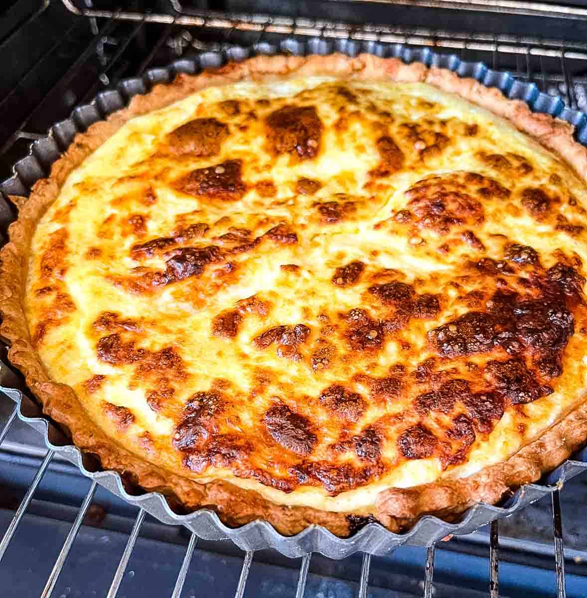 cooked cheese flan in oven