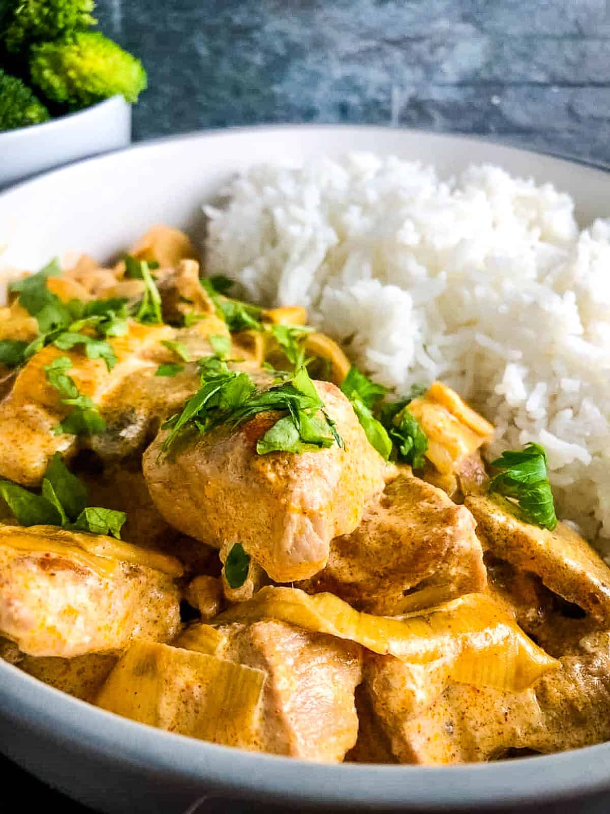 pork stroganoff with creme fraiche in bowl with basmati rice