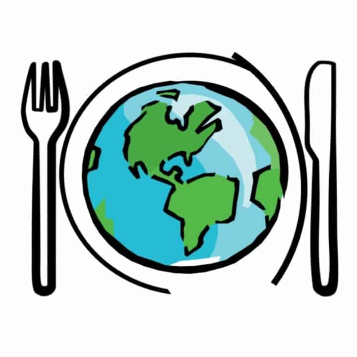 cartoon knife and fork either side of globe logo for the real meal deal website.