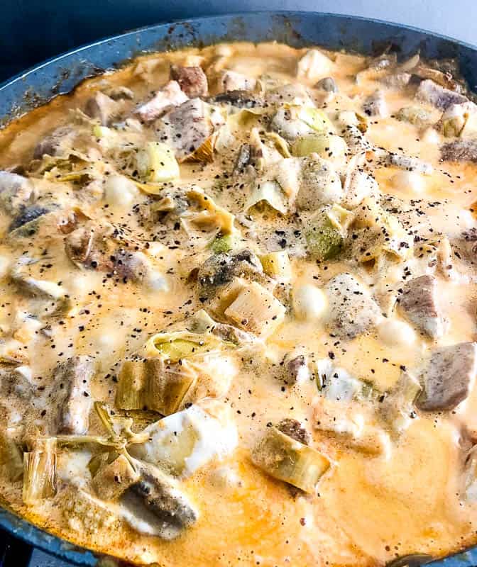 stroganoff simmering in pan.