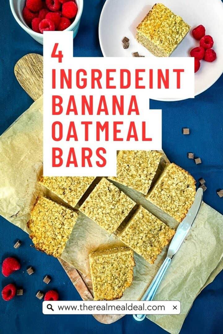 pinterest image with sliced banana flapjacks on wooden board