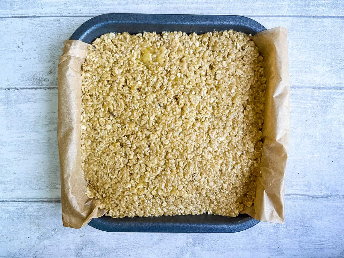 banana flapjack or oatmeal pressed into baking tray