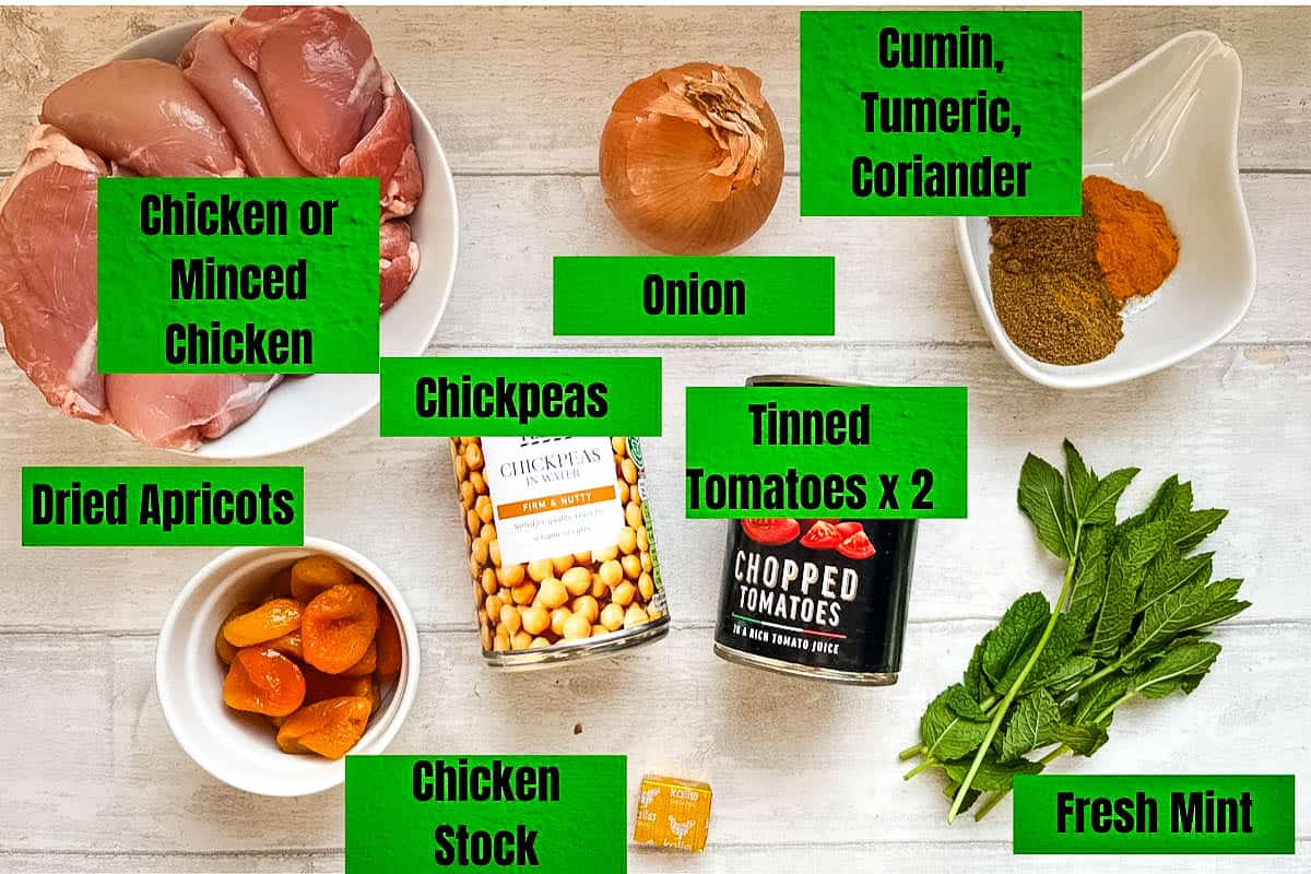 labelled ingredients for chicken mince tagine