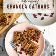 granola flapjack bars on plates with pumpkin seeds and dried cranberries.