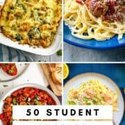 4 images of finished dishes for inspiration with text 50 student recipes.