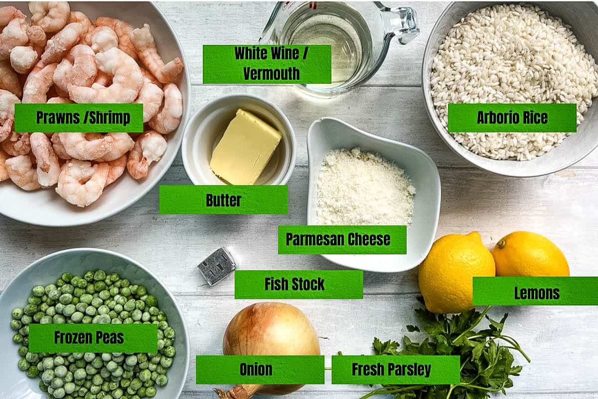 labelled ingredients for prawn and pea risotto.