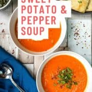 sweet potato soup in bowl topped with parsley and text sweet potato and pepper soup