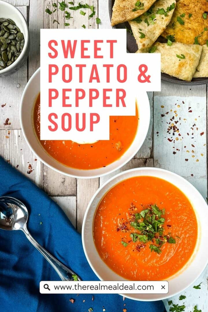 sweet potato soup in bowl topped with parsley and text sweet potato and pepper soup