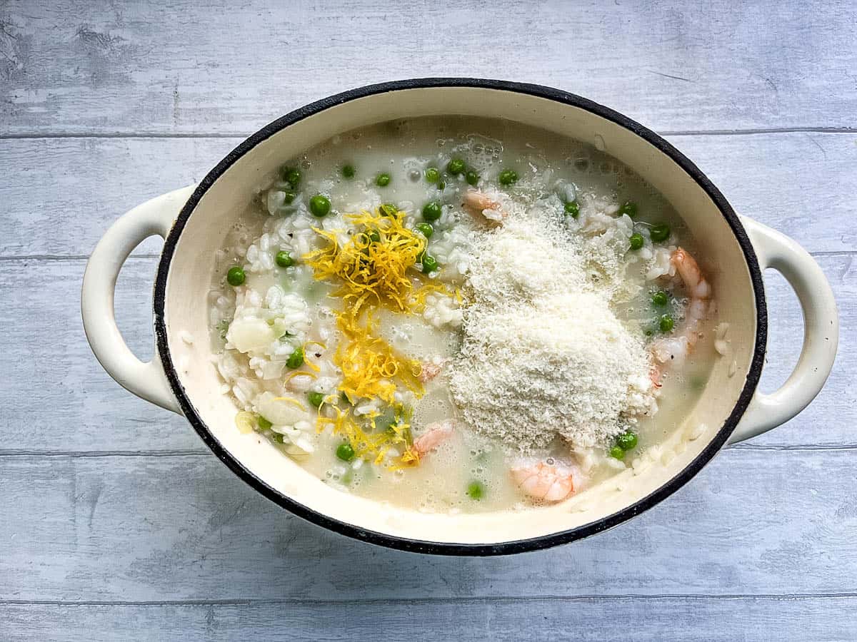 lemon zest and parmesan cheese added to prawn and pea risotto.