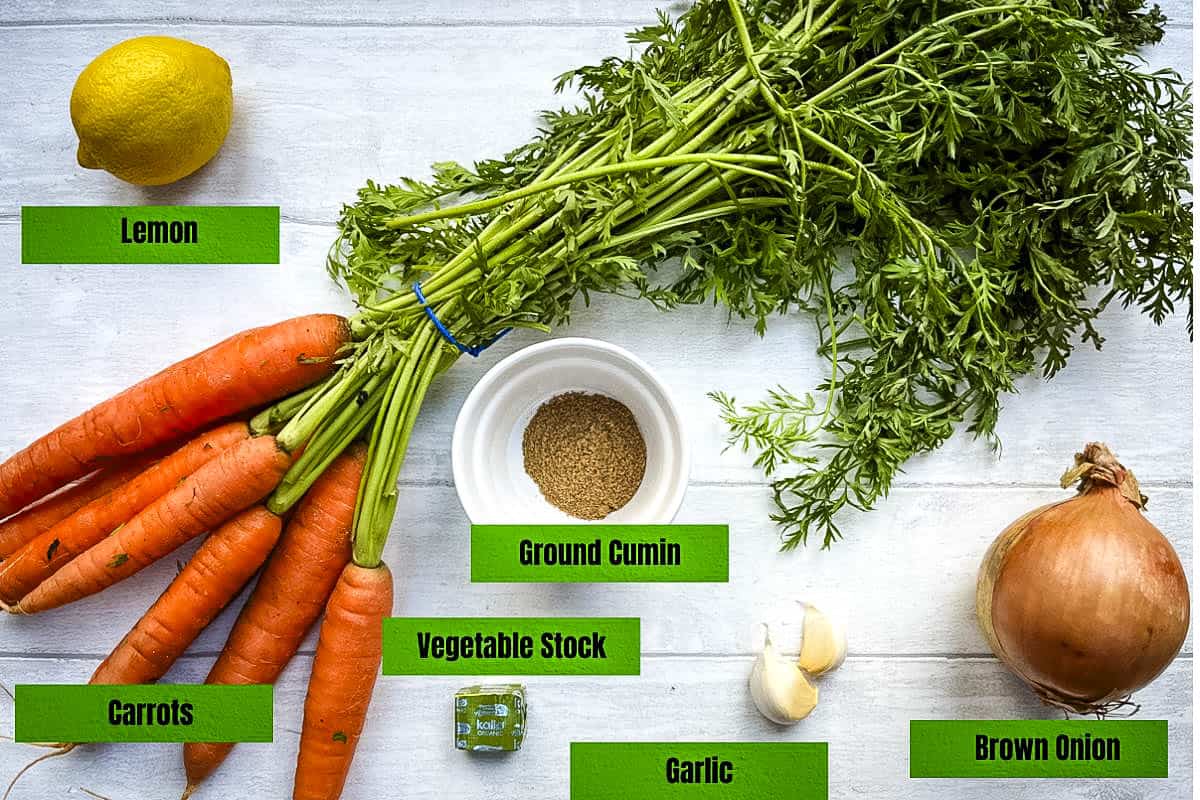 labelled ingredients for carrot and cumin soup