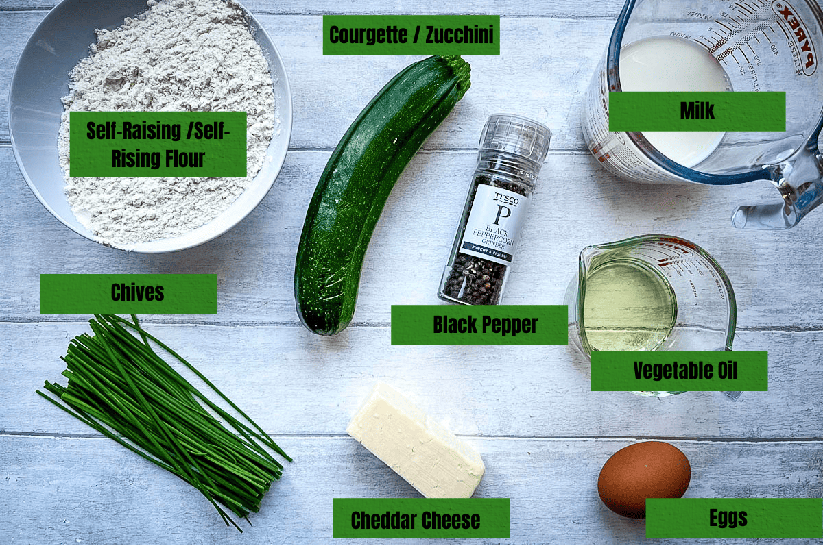 labelled ingredients for cheese and courgette muffins