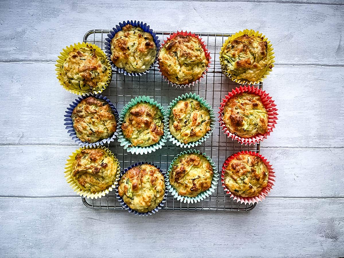 courgette and cheese muffins cooling on a rack