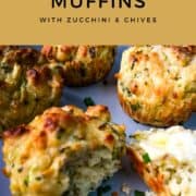 pinterest image for cheesy muffins with close up of muffin showing fluffy interior with chives.