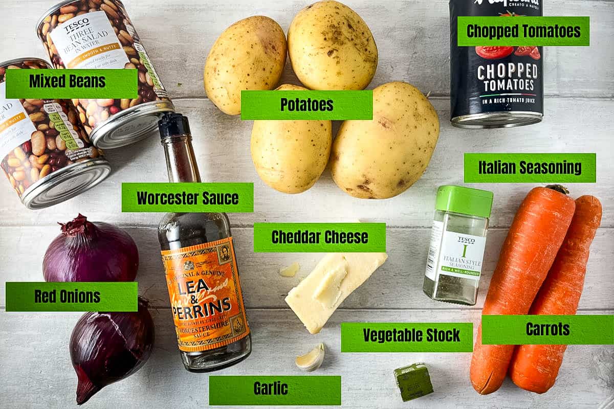 labelled ingredients for vegetarian cottage pie