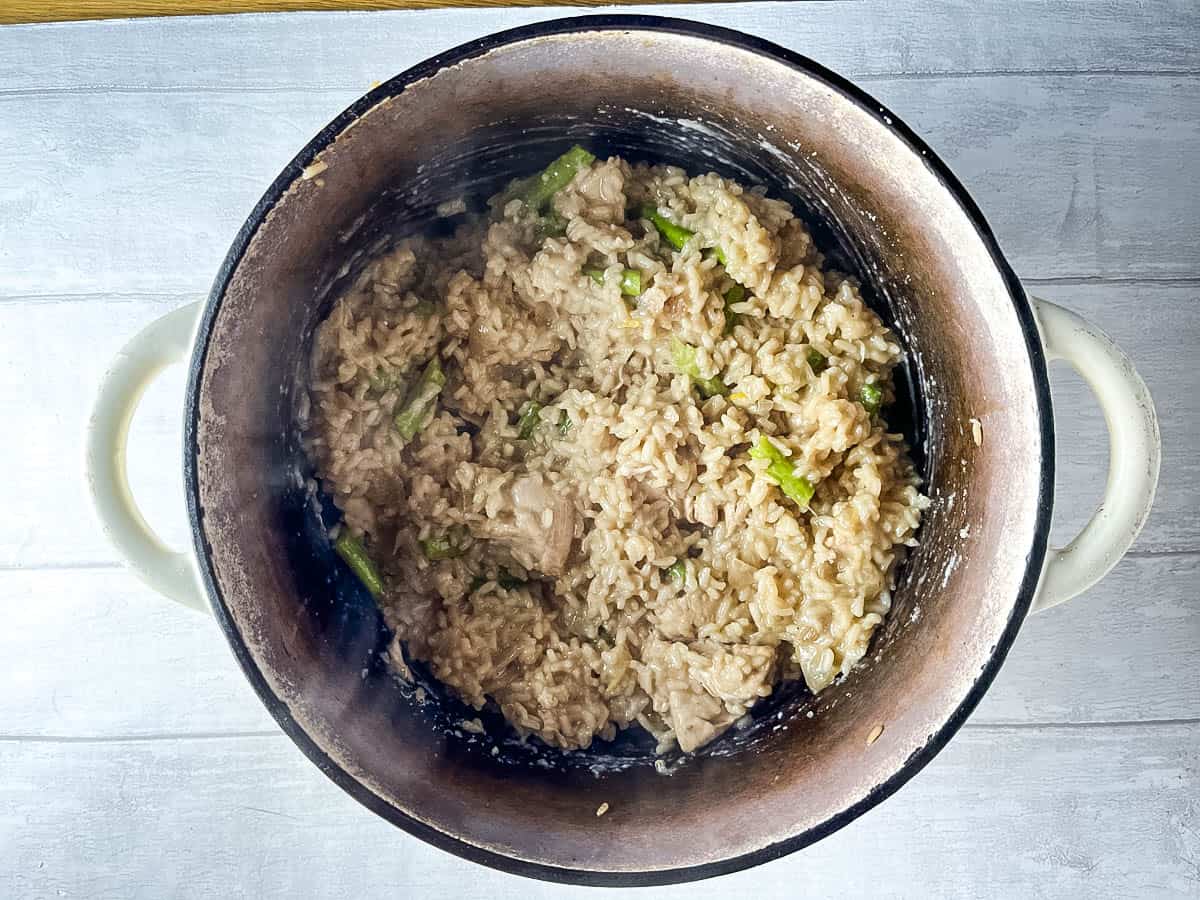 asparagus stirred into chicken risotto