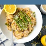 bowl of asparagus and chicken risotto served with lemon in a bowl.