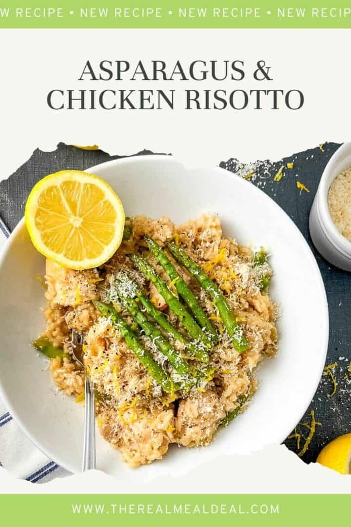 pinterest image for asparagus and chicken risotto served in a bowl topped with asparagus tips and lemon zest