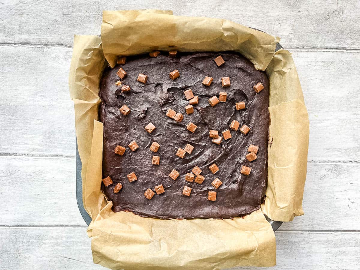 peanut butter and banana brownie in tray ready for baking