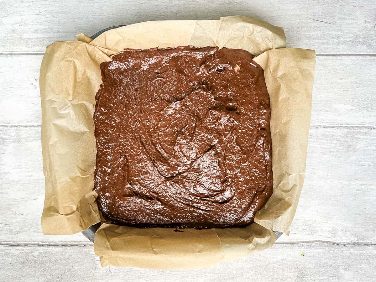 mixture for banana and peanut butter brownie in tray