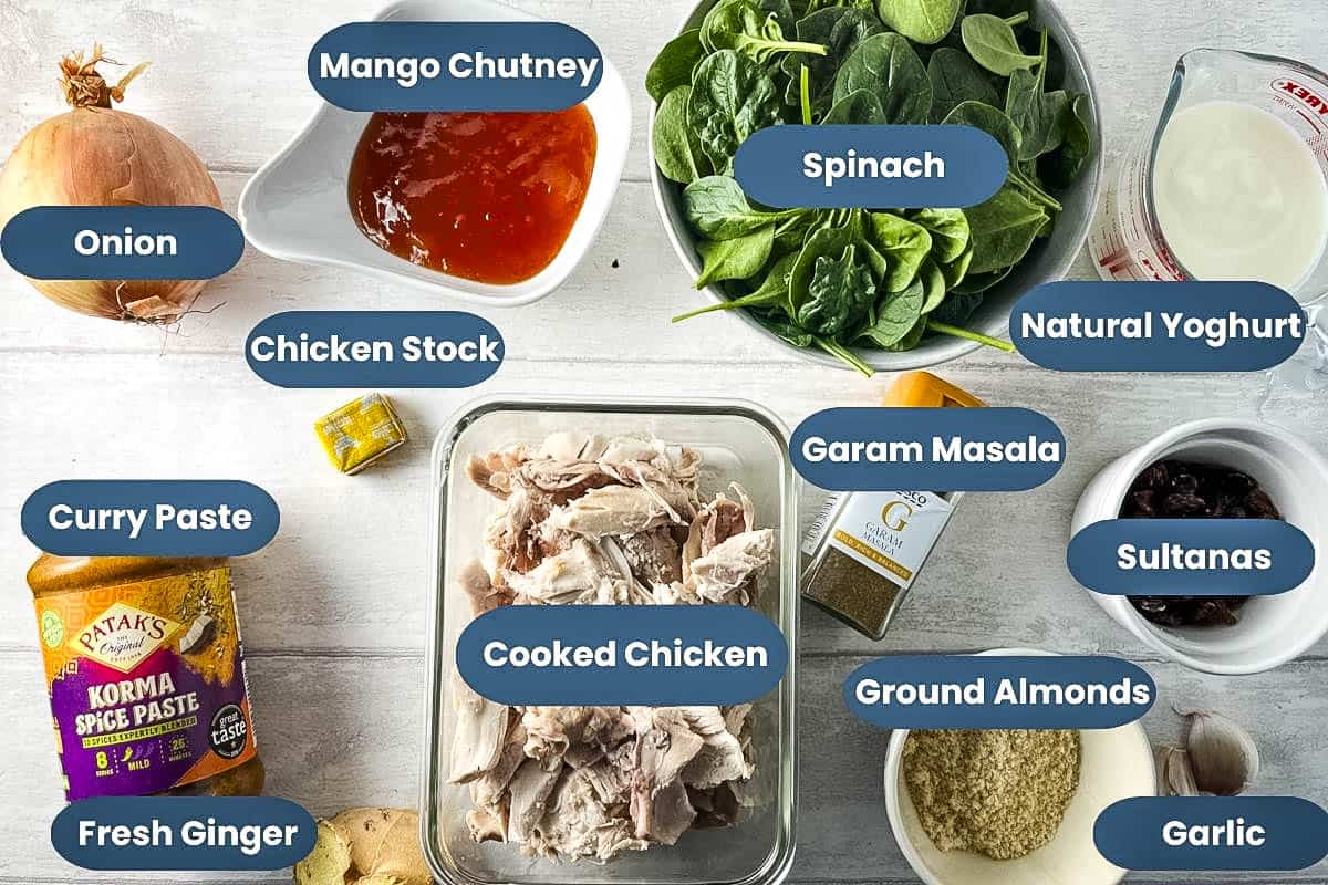 labelled ingredients for quick leftover chicken curry, onion, mango chutney, chicken stock, curry paste, fresh ginger, cooked chicken, spinach, garam masala, ground almonds, natural yoghurt, sultanas, garlic.