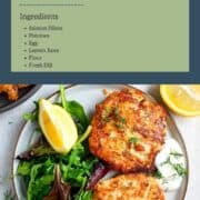 image of salmon fishcakes on a plate with text above listing ingredients
